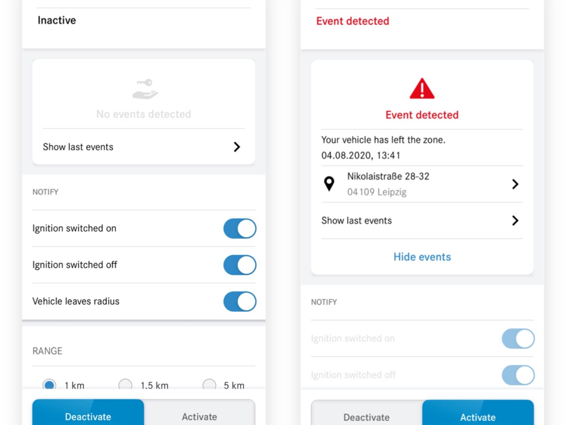 Zde na chytrém telefonu můžete vidět různé obrazovky, které se zobrazí, když digitální doplněk Sledování parkovací služby zjistí porušení pravidel.