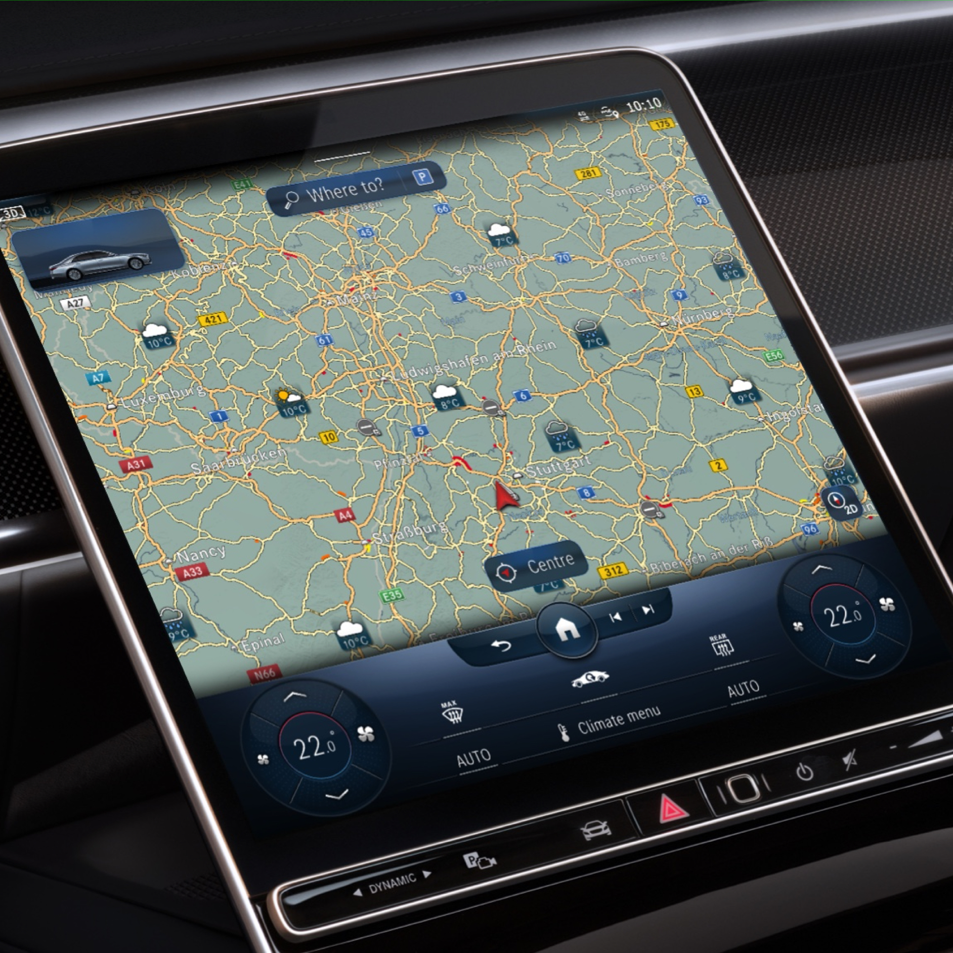 Meteorologická mapa | Sada Excellence | Mercedes-Benz Na multimediálním systému MBUX se díky digitálnímu doplňku Meteorologická mapa zobrazí předpokládané počasí v cílovém regionu.