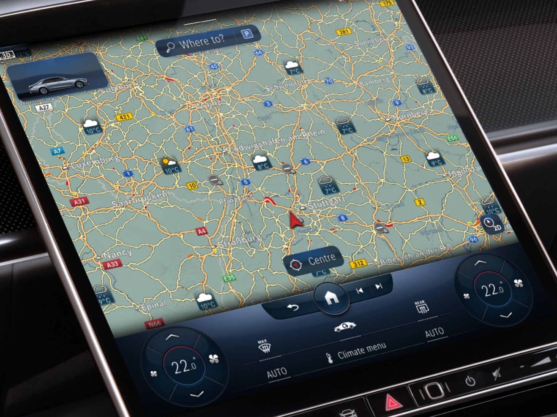 Na multimediálním systému MBUX se díky digitálnímu doplňku Meteorologická mapa zobrazí předpokládané počasí v&nbsp;cílovém regionu.