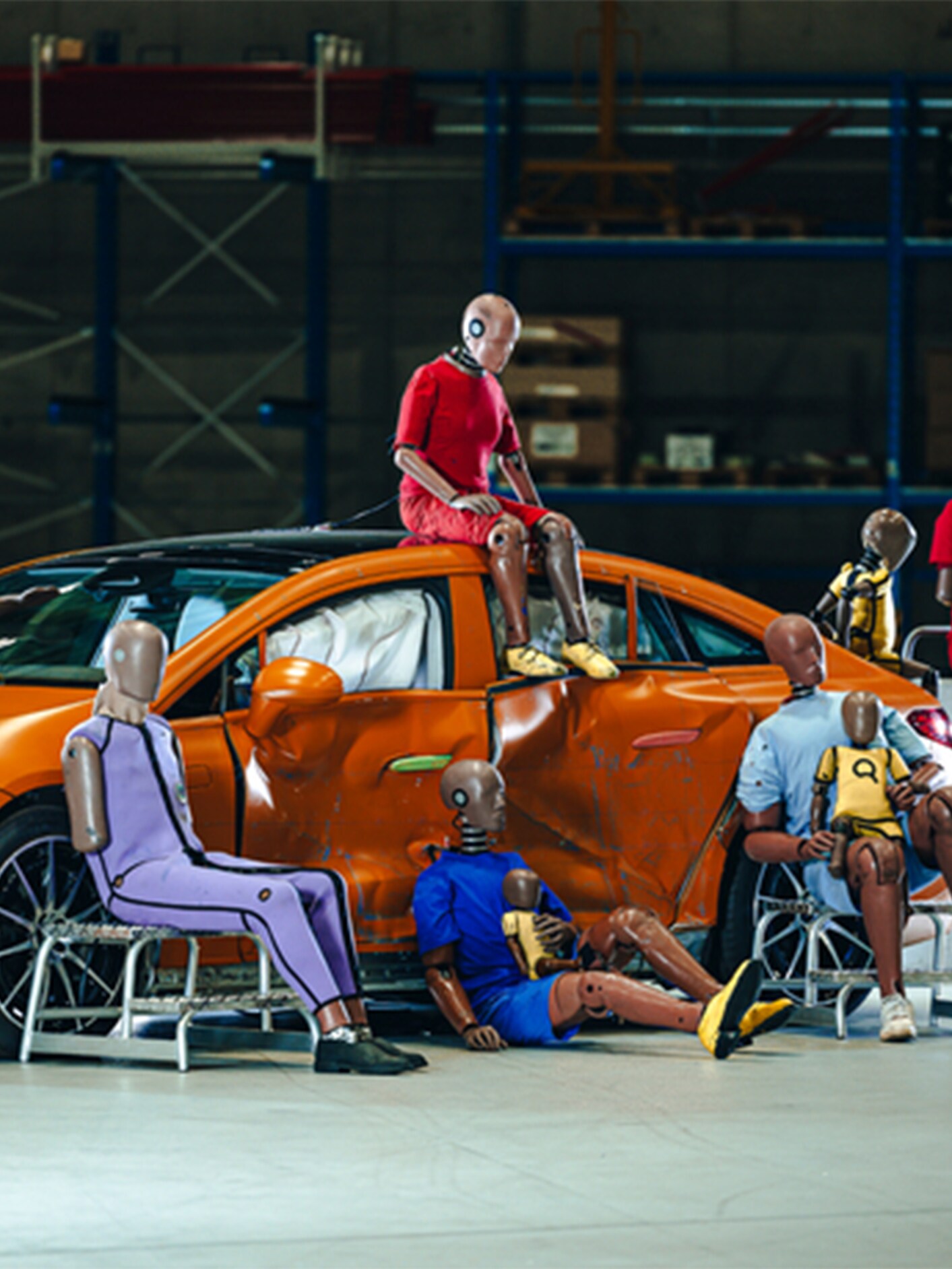 Několik figurín pro nárazové testy sedících na vozidle Mercedes-Benz a&nbsp;kolem něj.