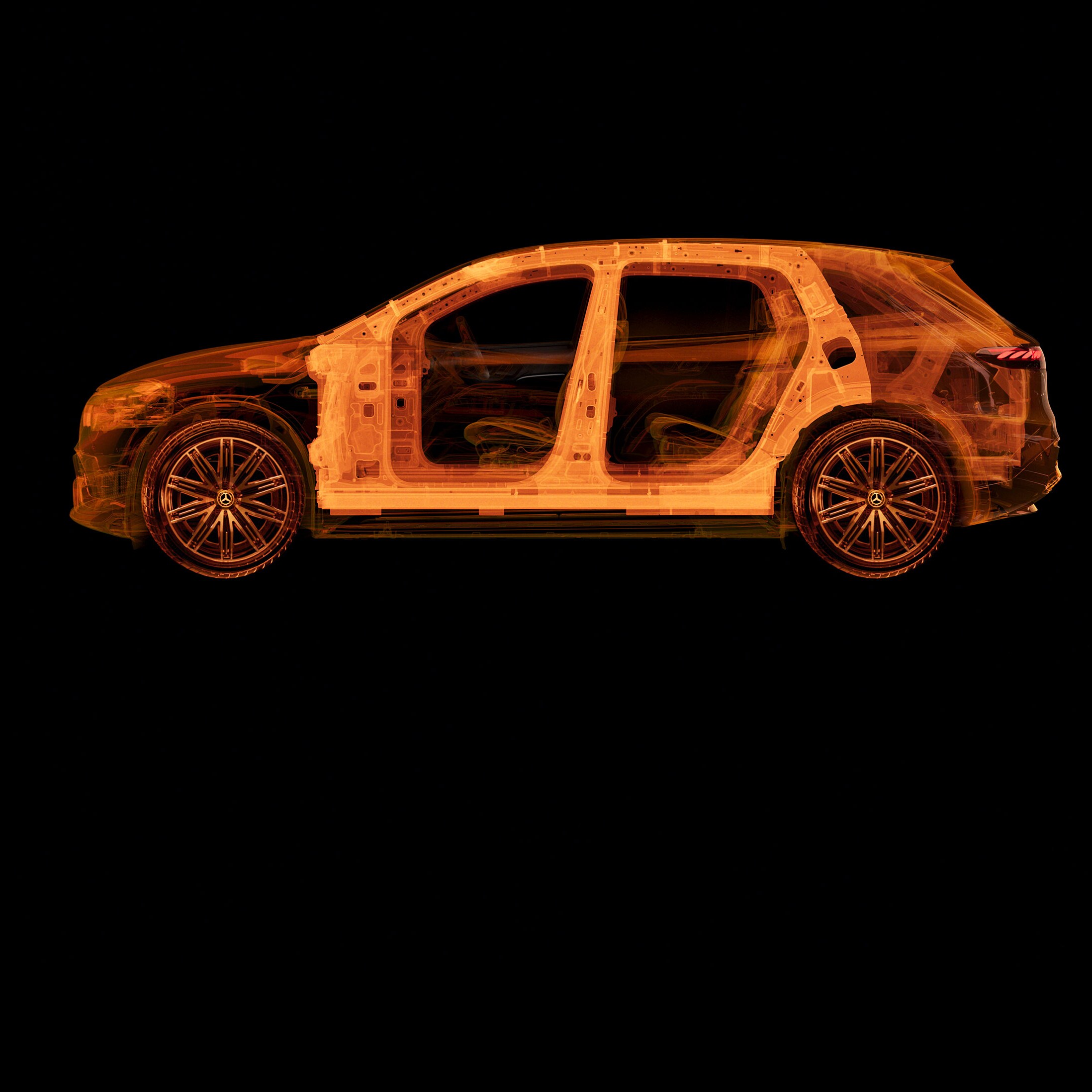 Pohled z&nbsp;boku do vozidla Mercedes-Benz ukazující struktury interiéru.