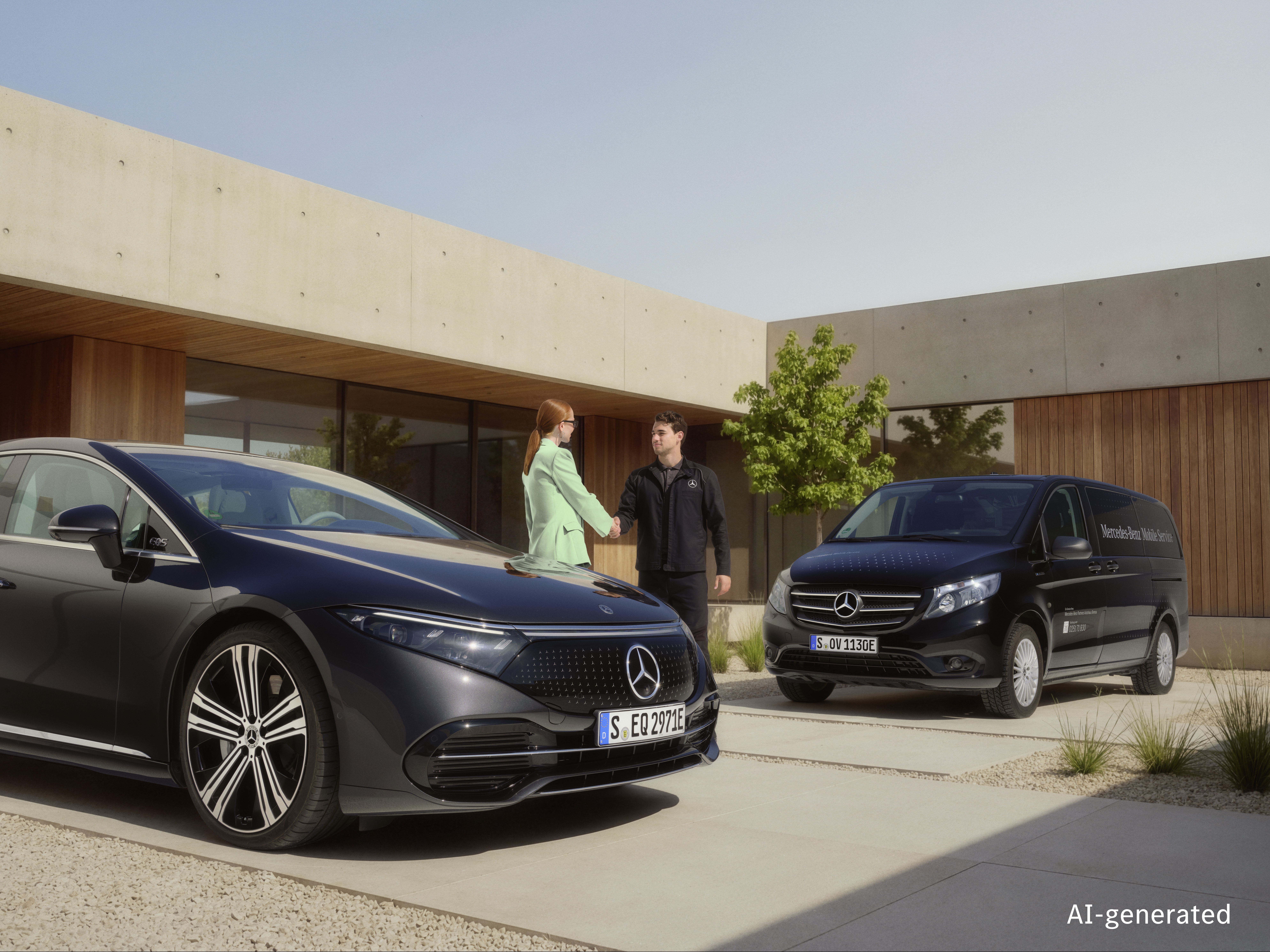 Mobilní servis Mercedes-Benz doma Mobilní servisní technik Mercedes-Benz vítá zákazníka podáním ruky před moderním domem, na příjezdové cestě je zaparkovaný vůz Mercedes-Benz a poblíž stojí mobilní servisní dodávkové vozidlo.