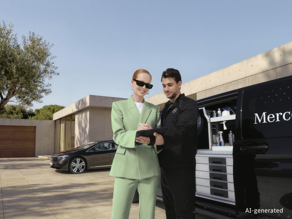 Mobilní servisní technik Mercedes-Benz prochází digitální dokumenty se zákazníkem vedle plně vybaveného mobilního servisního dodávkového vozidla Mercedes-Benz zaparkovaného na pozemku před moderním domem.