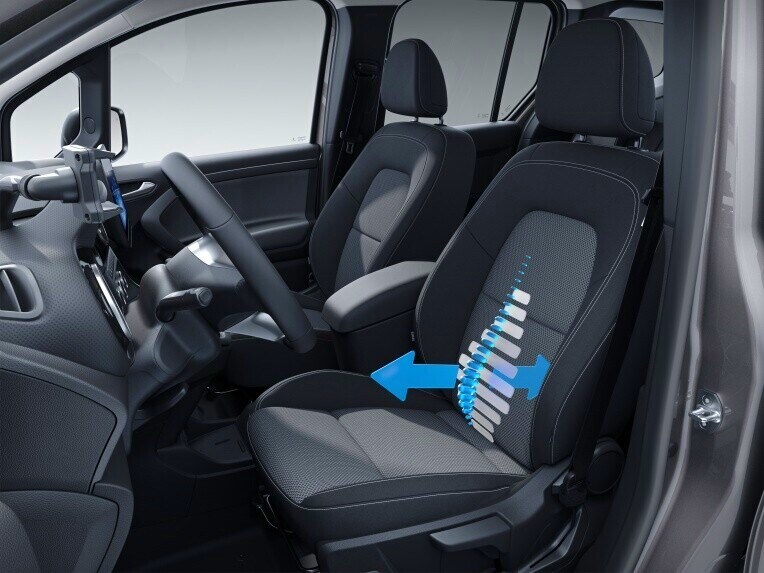 Výškově nastavitelné sedadlo řidiče s bederní opěrkou ve skříňové dodávce Mercedes-Benz Citan.