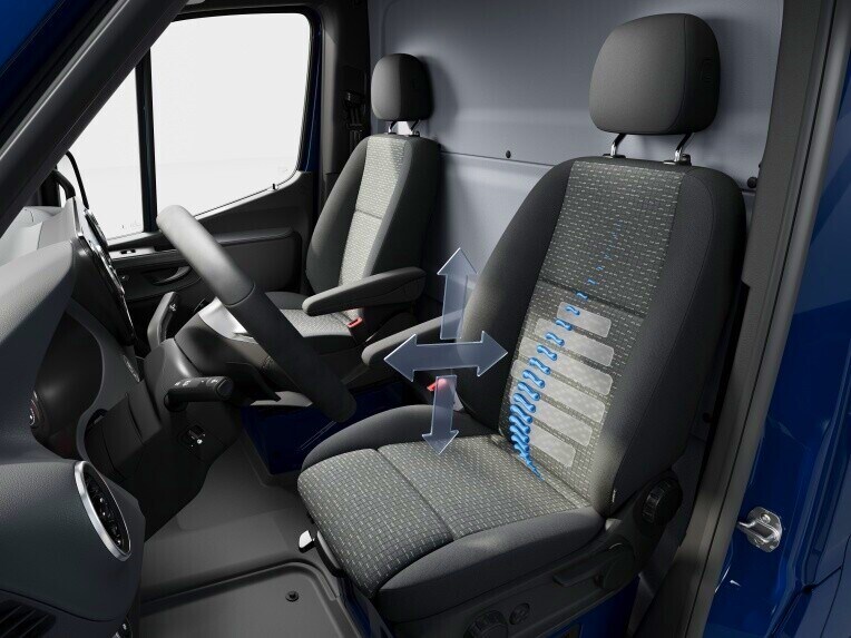 Sedadlo řidiče a spolujezdce s bederní opěrkou ve skříňové dodávce Mercedes-Benz Sprinter.