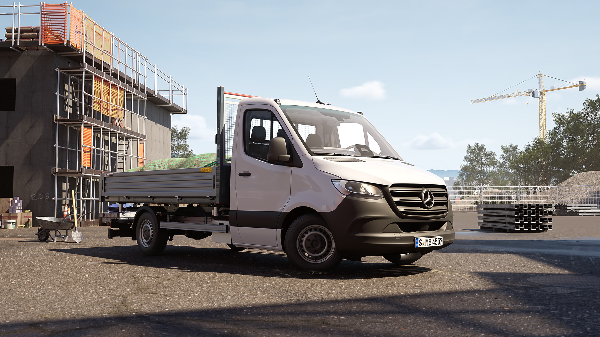 Valníkové vozidlo Sprinter | Všechny modely Sprinter | Dodávková vozidla Mercedes-Benz Valníkové vozidlo Sprinter na staveništi