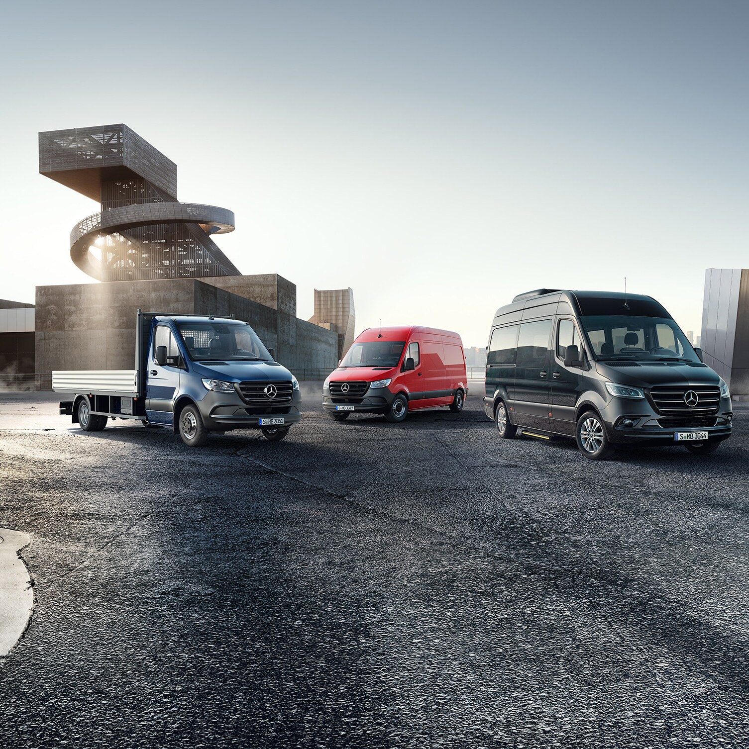 Modelová řada dodávkových vozidel Mercedes-Benz Sprinter v městském prostředí, futuristickém
