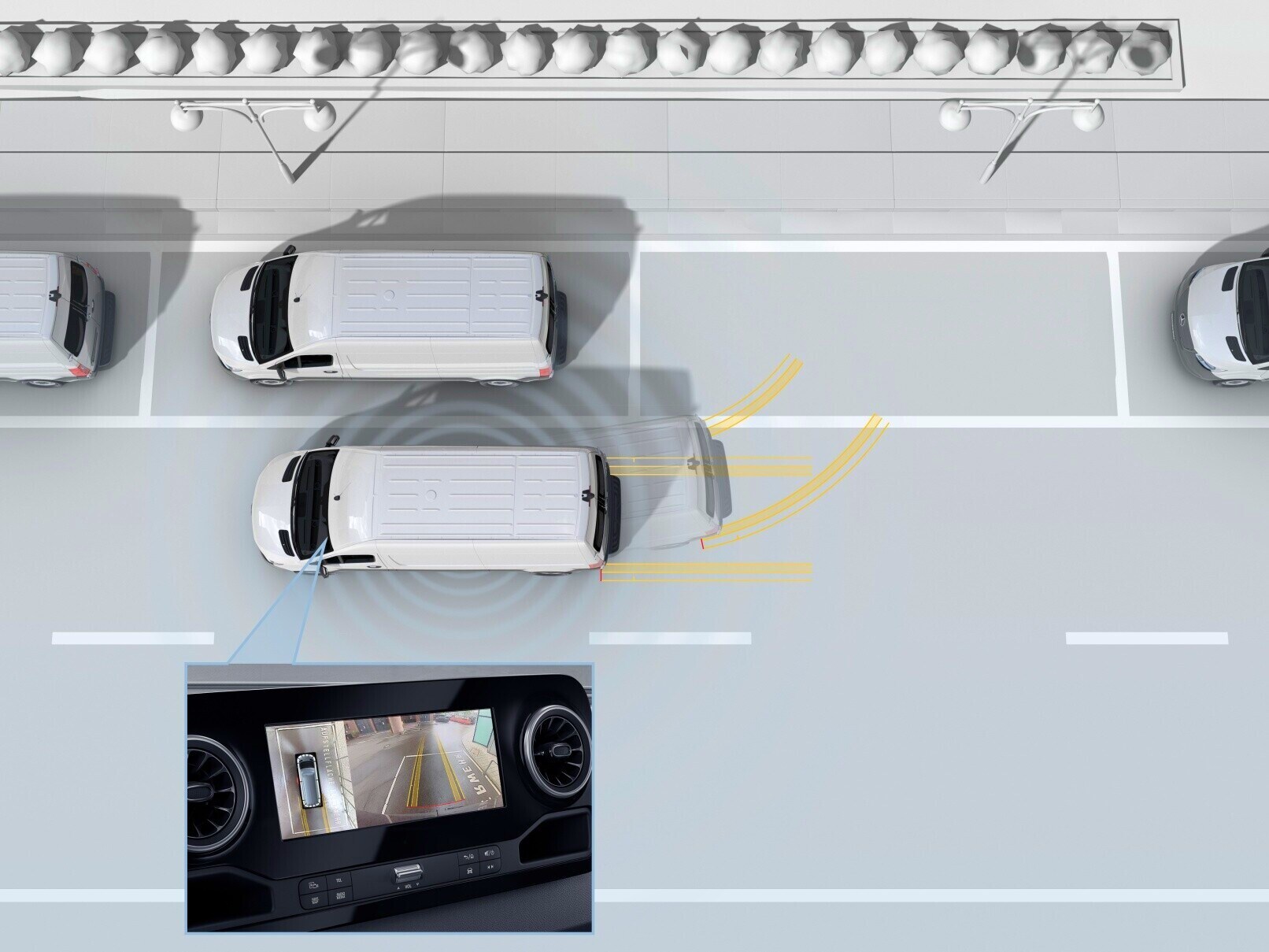 Sada pro parkování s kamerou 360°poskytuje výhled do všech stran a zahrnuje parkovacího asistenta, který řidiči výrazně usnadňuje parkování, výjezd z parkovacího místa a manévrování s vozidlem.