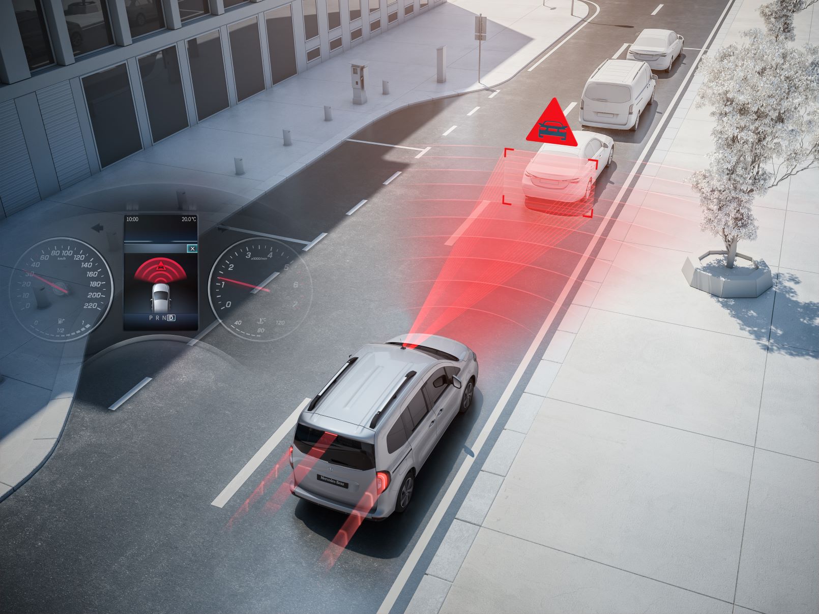 Asistenční systémy | Skříňová dodávka Citan | Mercedes-Benz Asistenční systém vizualizovaný v silničním provozu se skříňovou dodávkou Mercedes-Benz Citan.