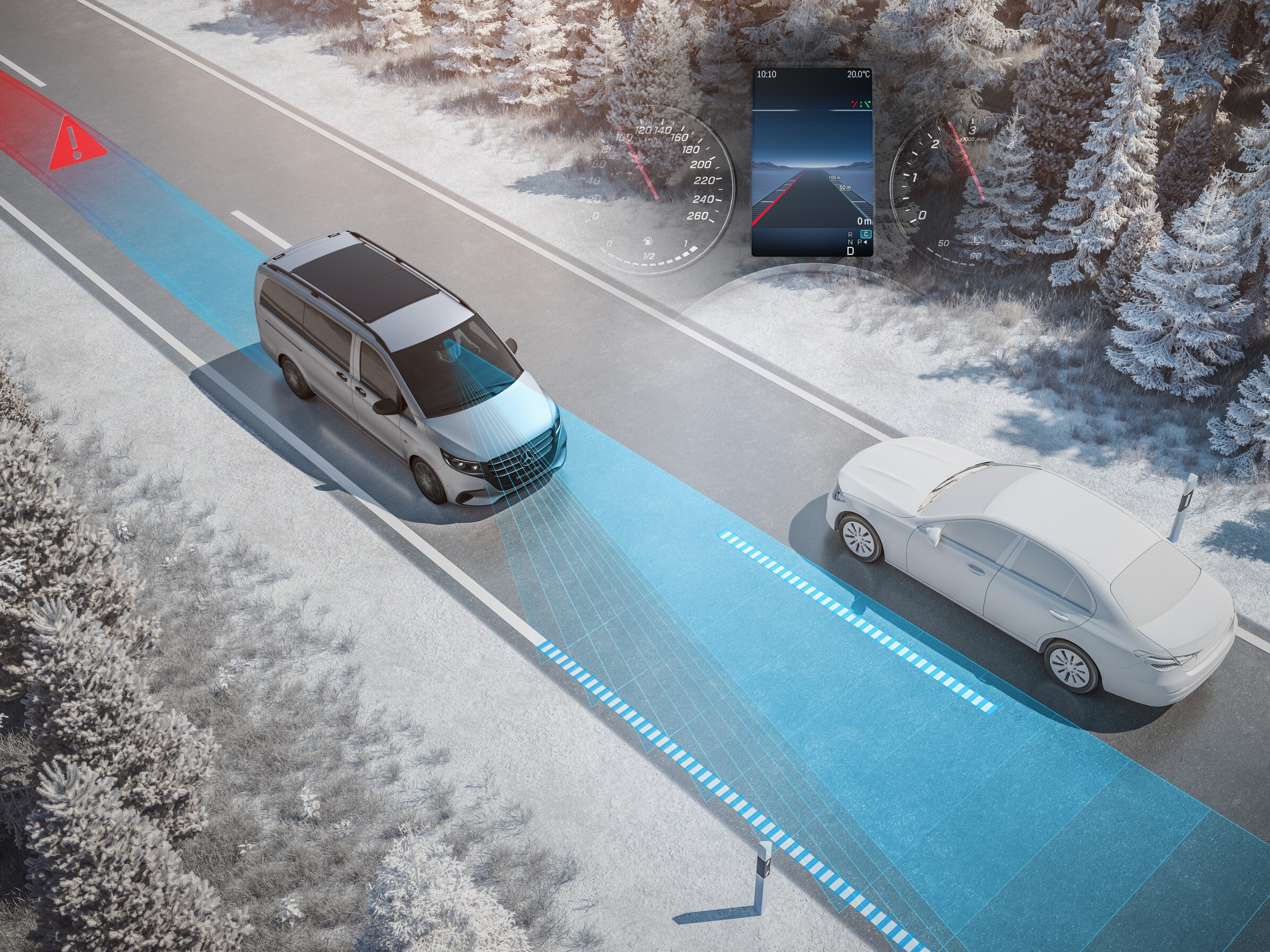 Znázornění aktivního asistenta jízdy v&nbsp;pruzích pro modely Mercedes-Benz Vito.