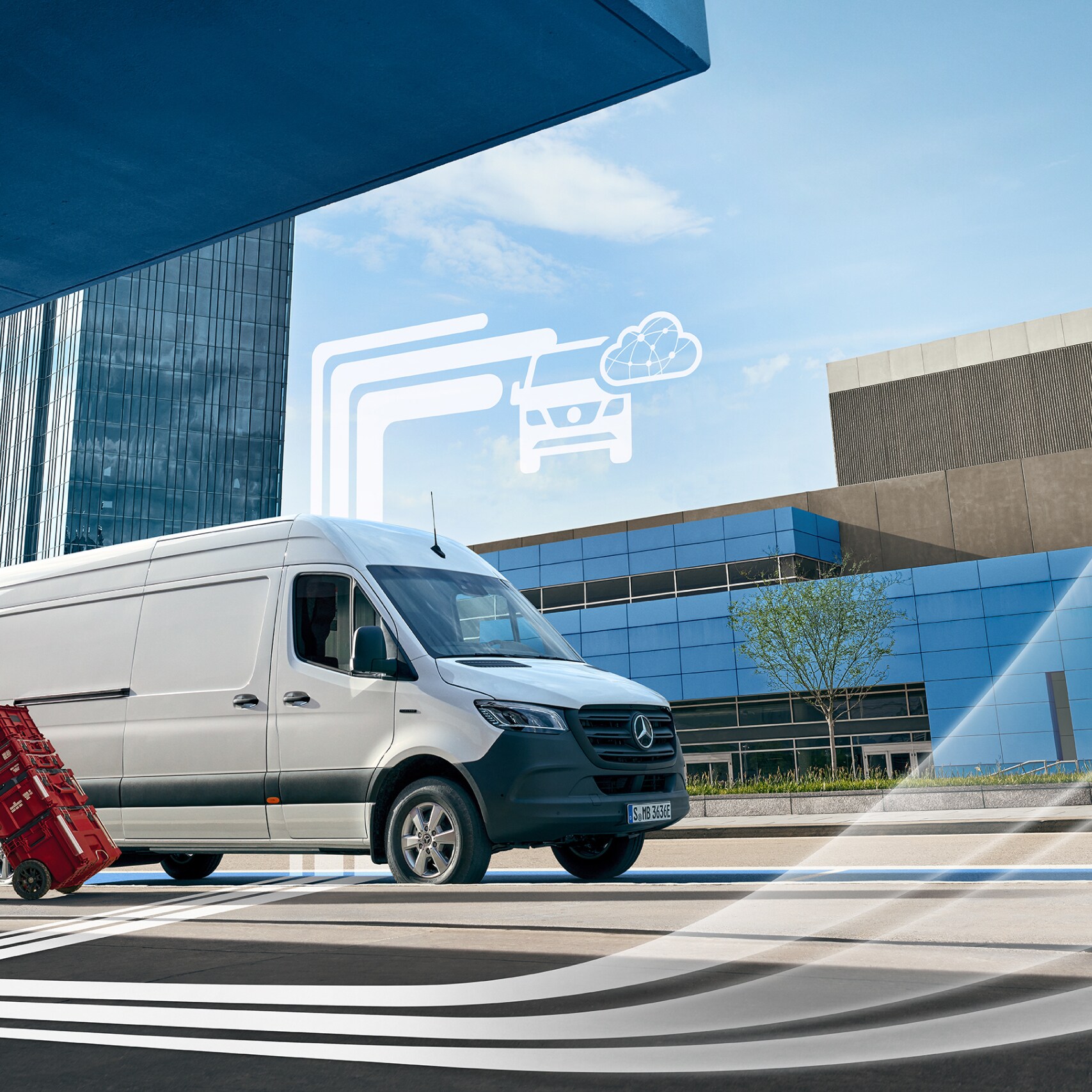 Dodávkové vozidlo Mercedes-Benz s&nbsp;grafickými prvky, které představují digitální doplňky.