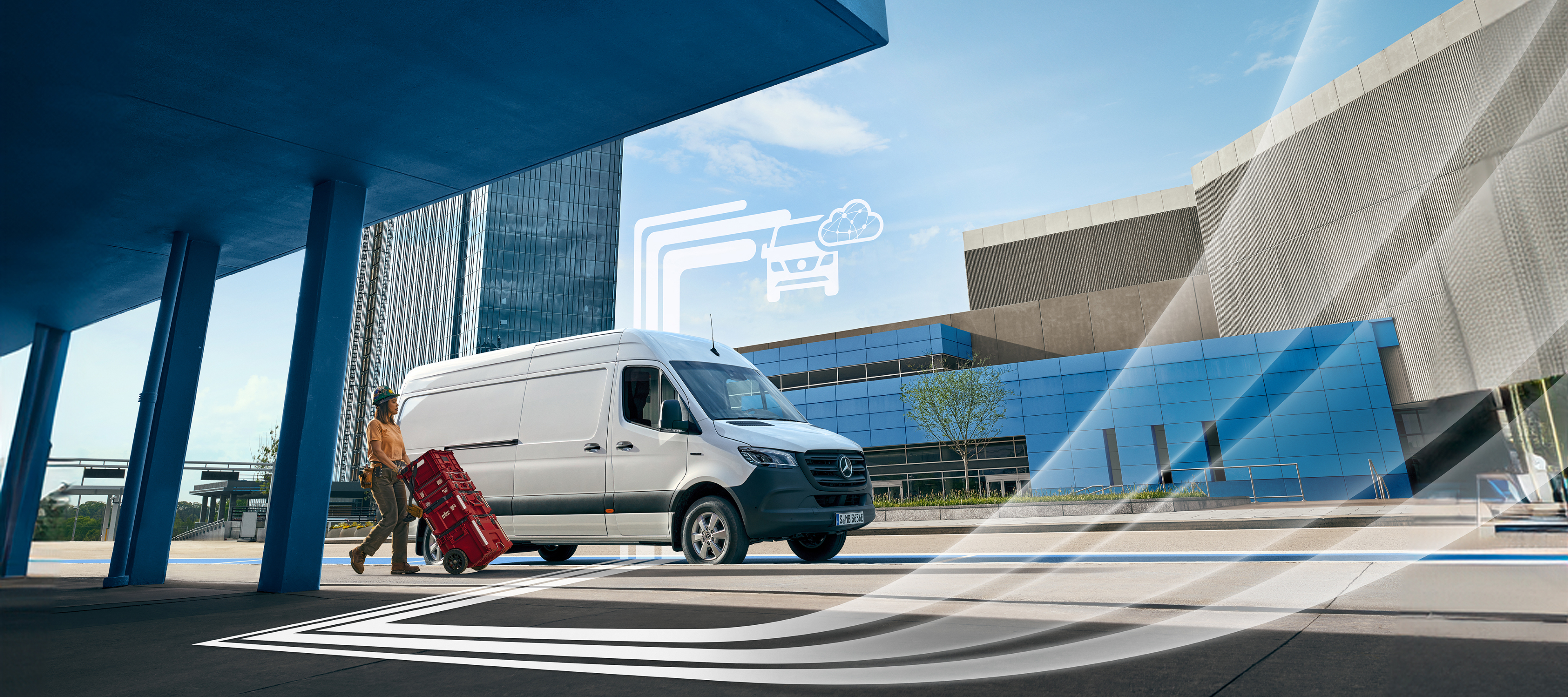 Přídavné digitální doplňky | Digitální doplňky | Mercedes-Benz Dodávkové vozidlo Mercedes-Benz s grafickými prvky, které představují digitální doplňky.