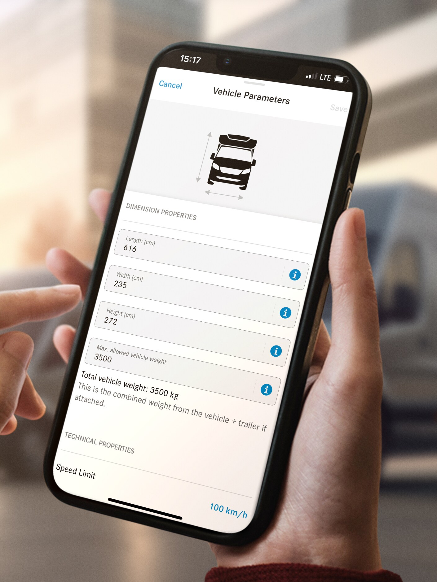 Grafické zobrazení rozměrů vozidla v&nbsp;aplikaci Mercedes-Benz v&nbsp;chytrém telefonu.