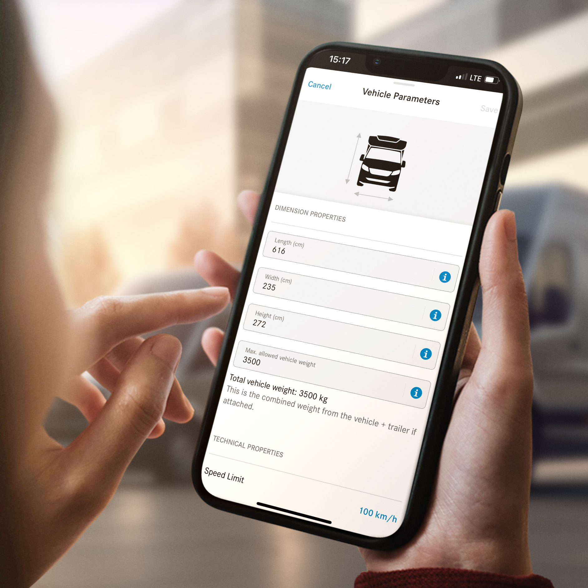 Navigace pro přívěsy a nadrozměrná vozidla | Digitální doplňky | Mercedes-Benz Grafické zobrazení rozměrů vozidla v aplikaci Mercedes-Benz v chytrém telefonu.