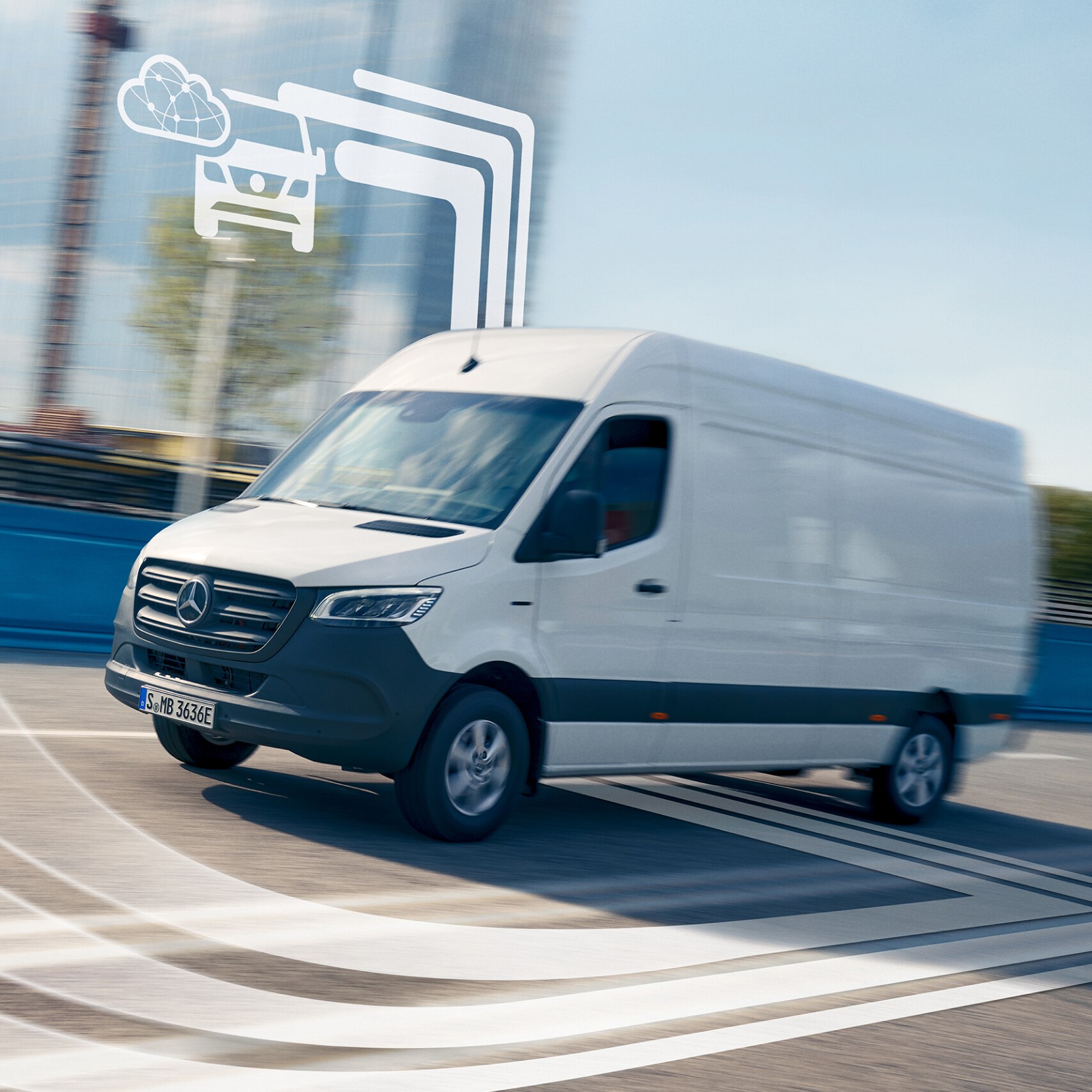 Dodávkové vozidlo Mercedes-Benz s&nbsp;grafickými prvky, které představují digitální doplňky.