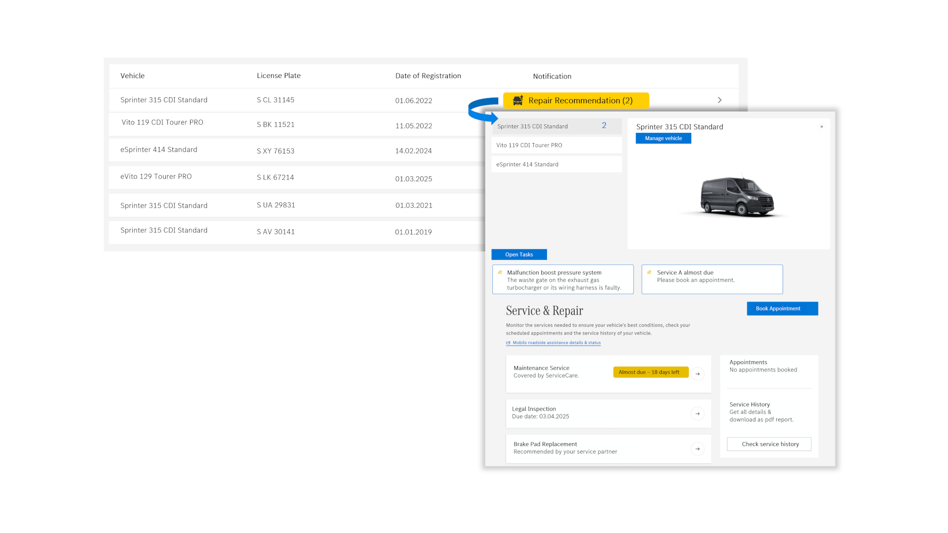 Van Uptime Monitor | Digitální doplňky | Mercedes-Benz Přehled digitálního doplňku Mercedes-Benz Van Uptime Monitor: zobrazení seznamu vozidel s různými informacemi o stavu a doporučenými kroky.
