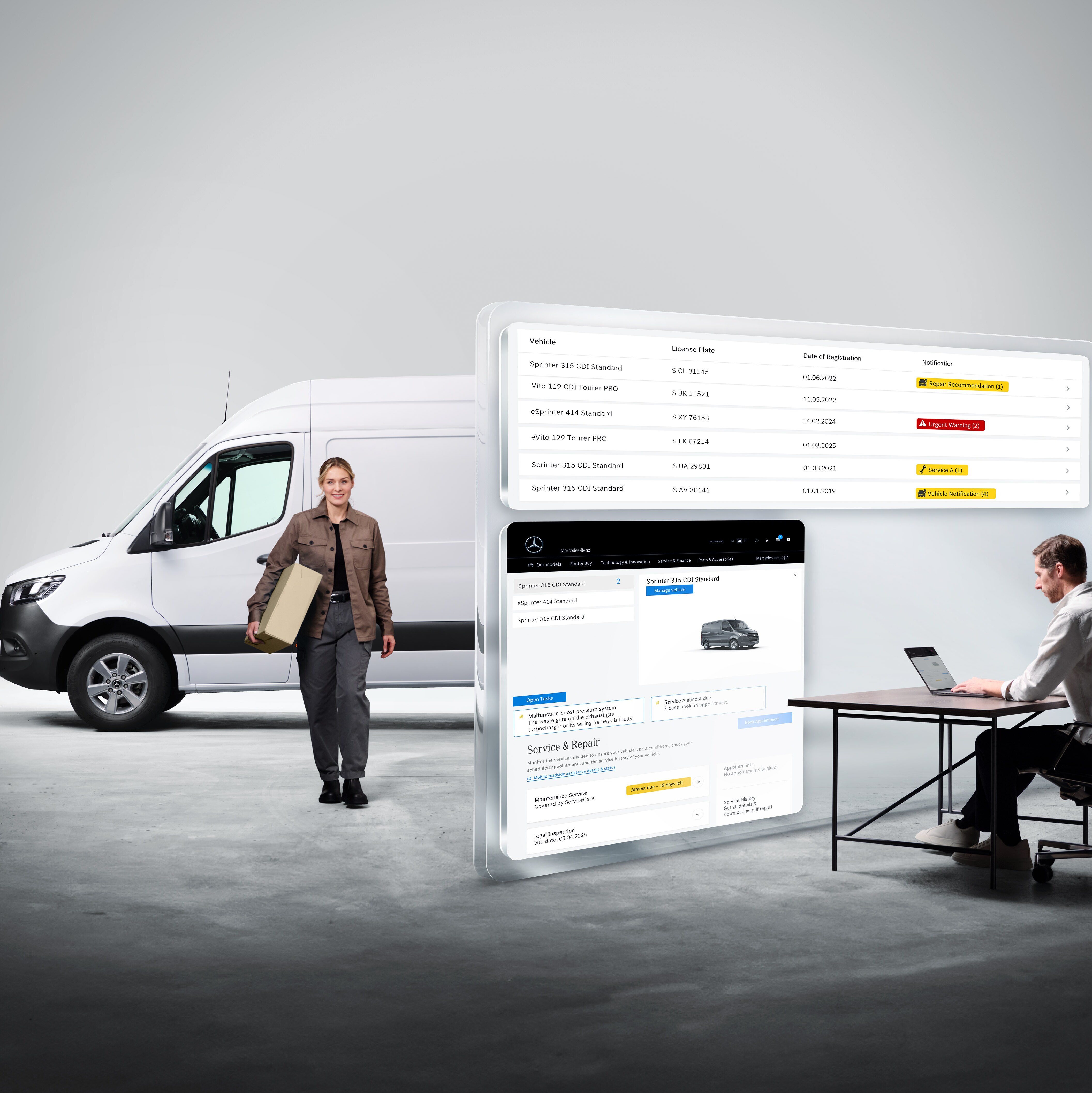 Obrazovky zobrazující digitální služby Mercedes-Benz s osobami a vozidlem Mercedes-Benz Sprinter v&nbsp;pozadí.