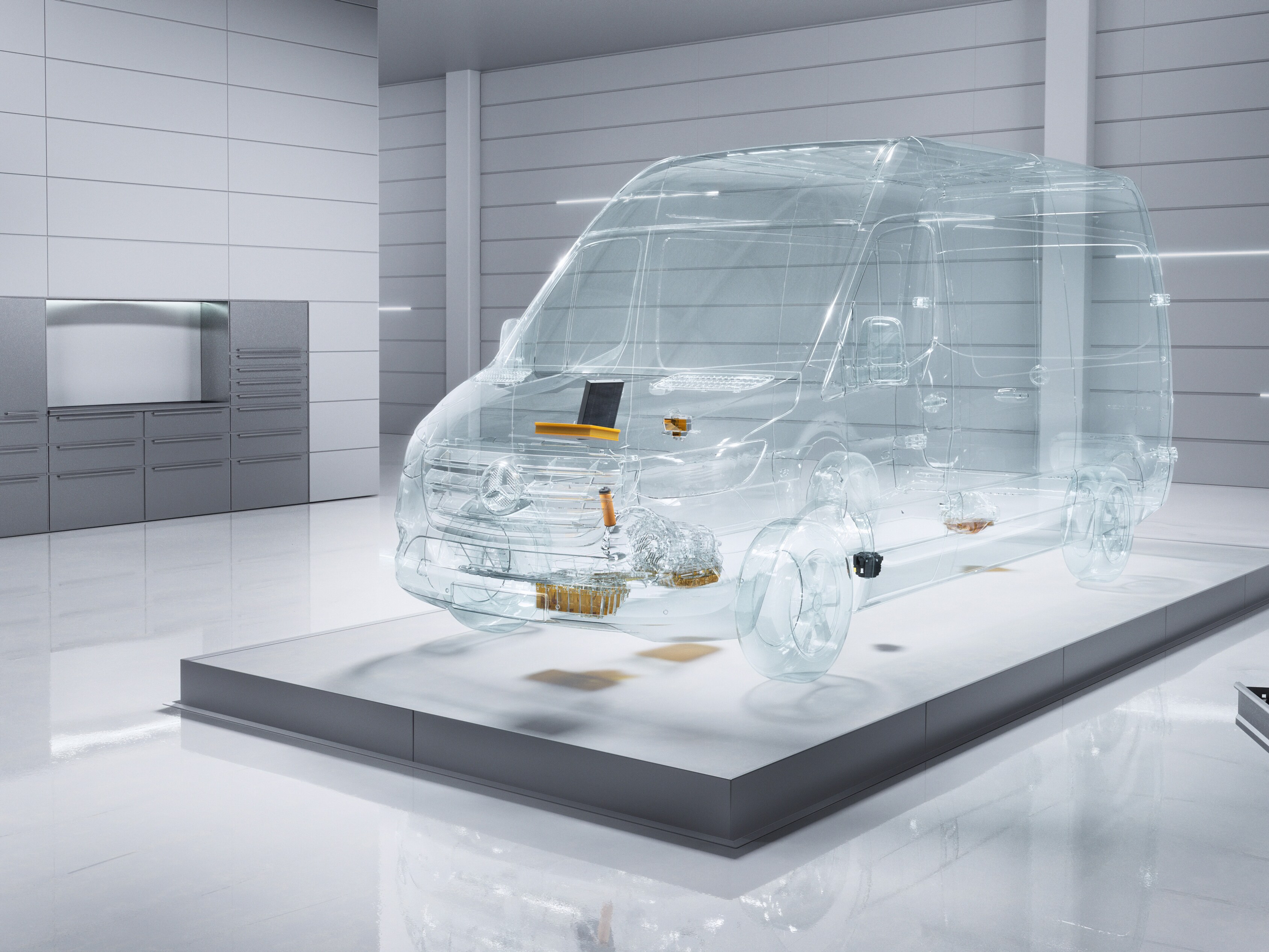 Virtuální průhledné dodávkové vozidlo Mercedes-Benz Sprinter v&nbsp;prostředí dílny.