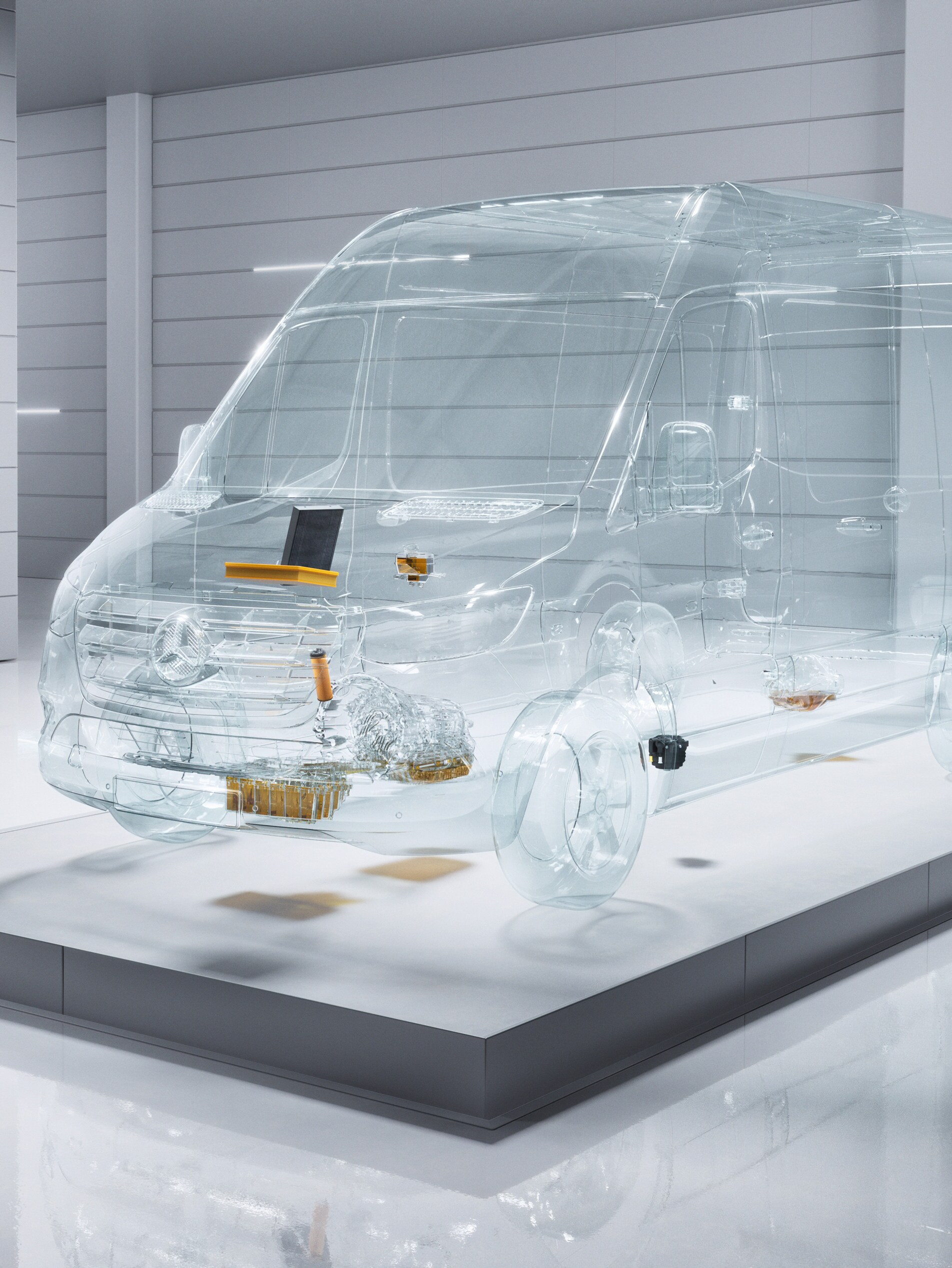 Virtuální průhledné dodávkové vozidlo Mercedes-Benz Sprinter v&nbsp;prostředí dílny.