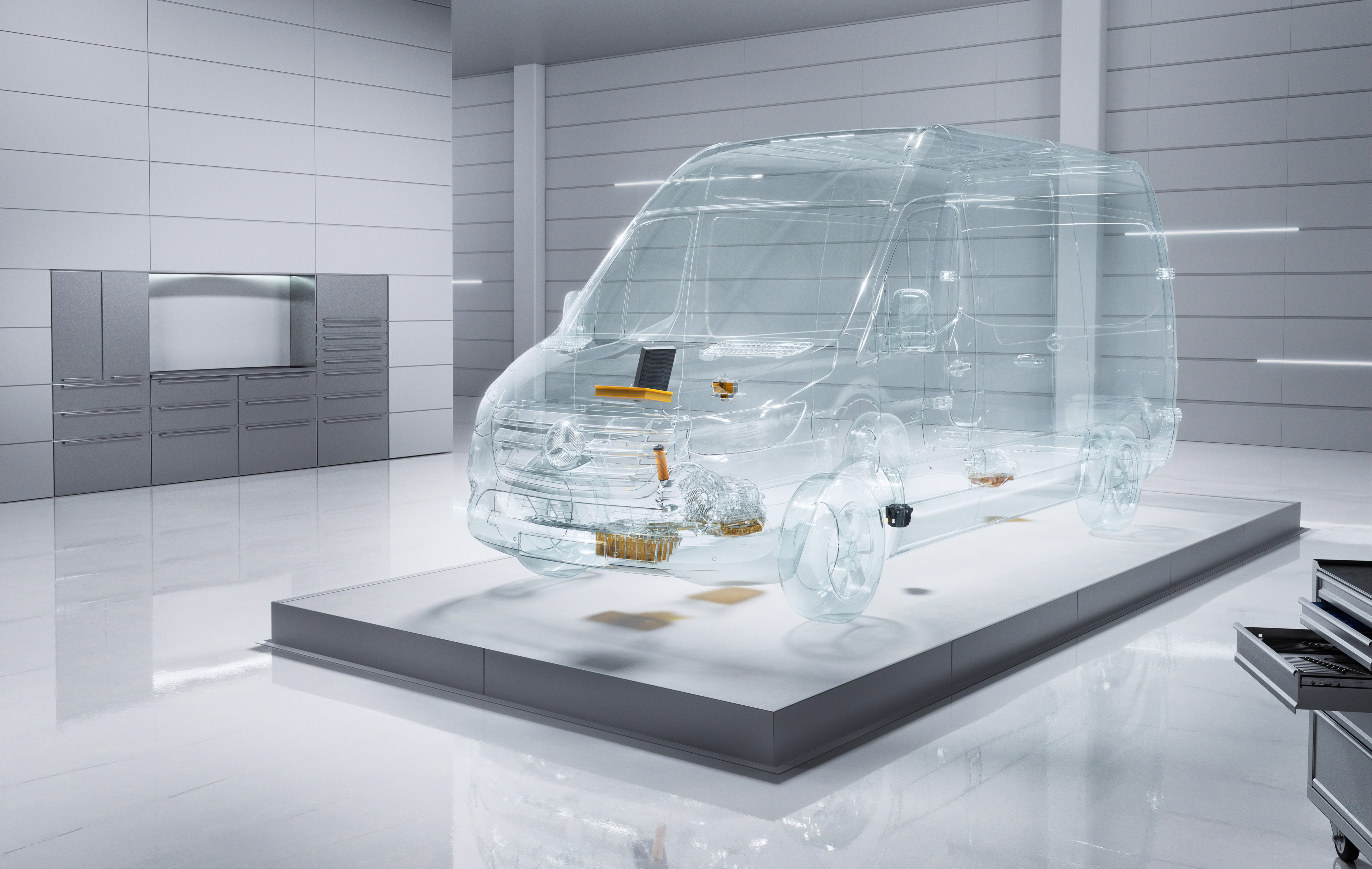 Mercedes-Benz | ServiceCare pro dodávkové vozidlo | Optimální údržba Virtuální průhledné dodávkové vozidlo Mercedes-Benz Sprinter v prostředí dílny.