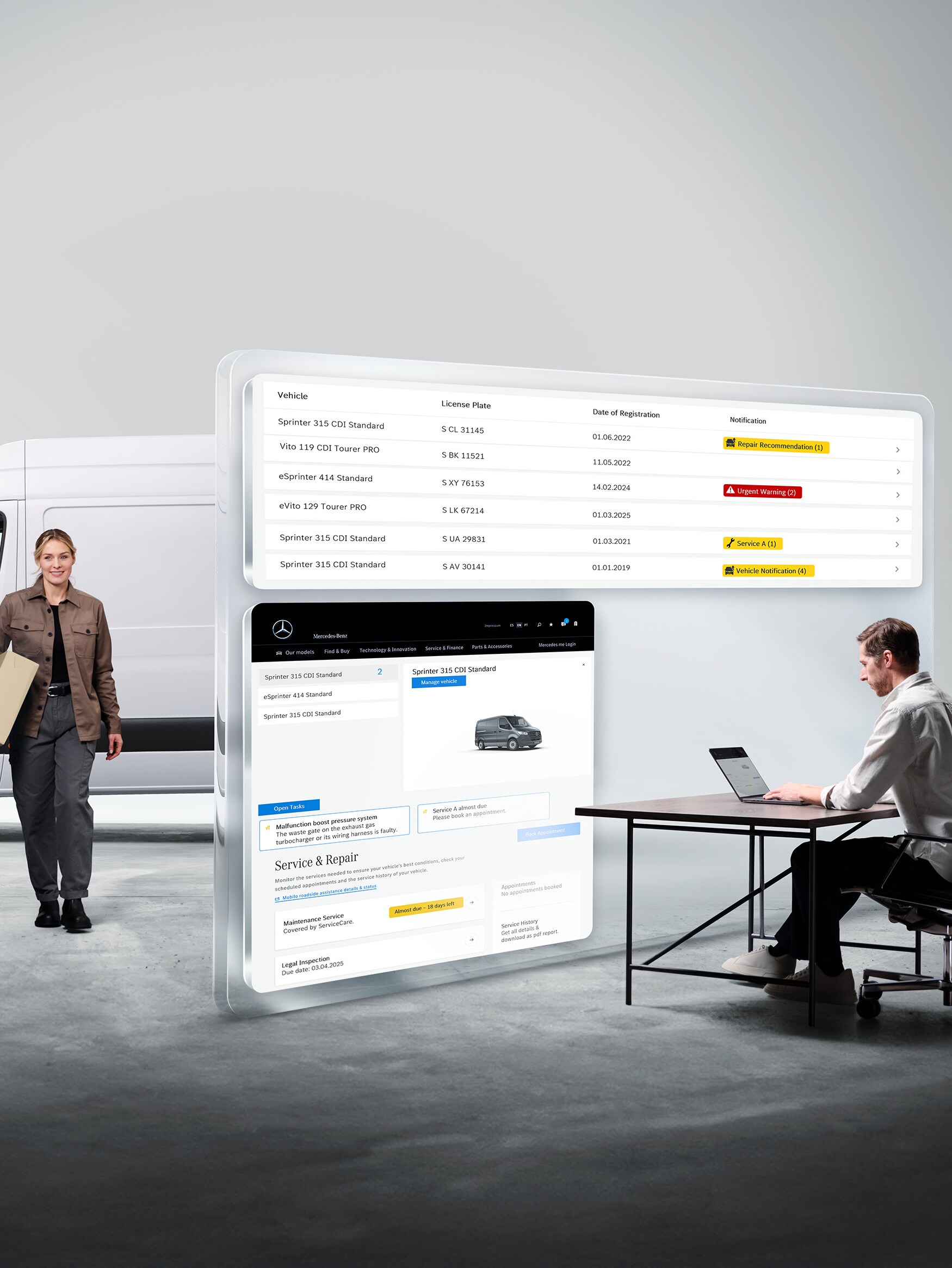Digitální diagnostika Mercedes-Benz: muž na notebooku, žena vedle dodávkového vozidla, zobrazená virtuální diagnostická data.
