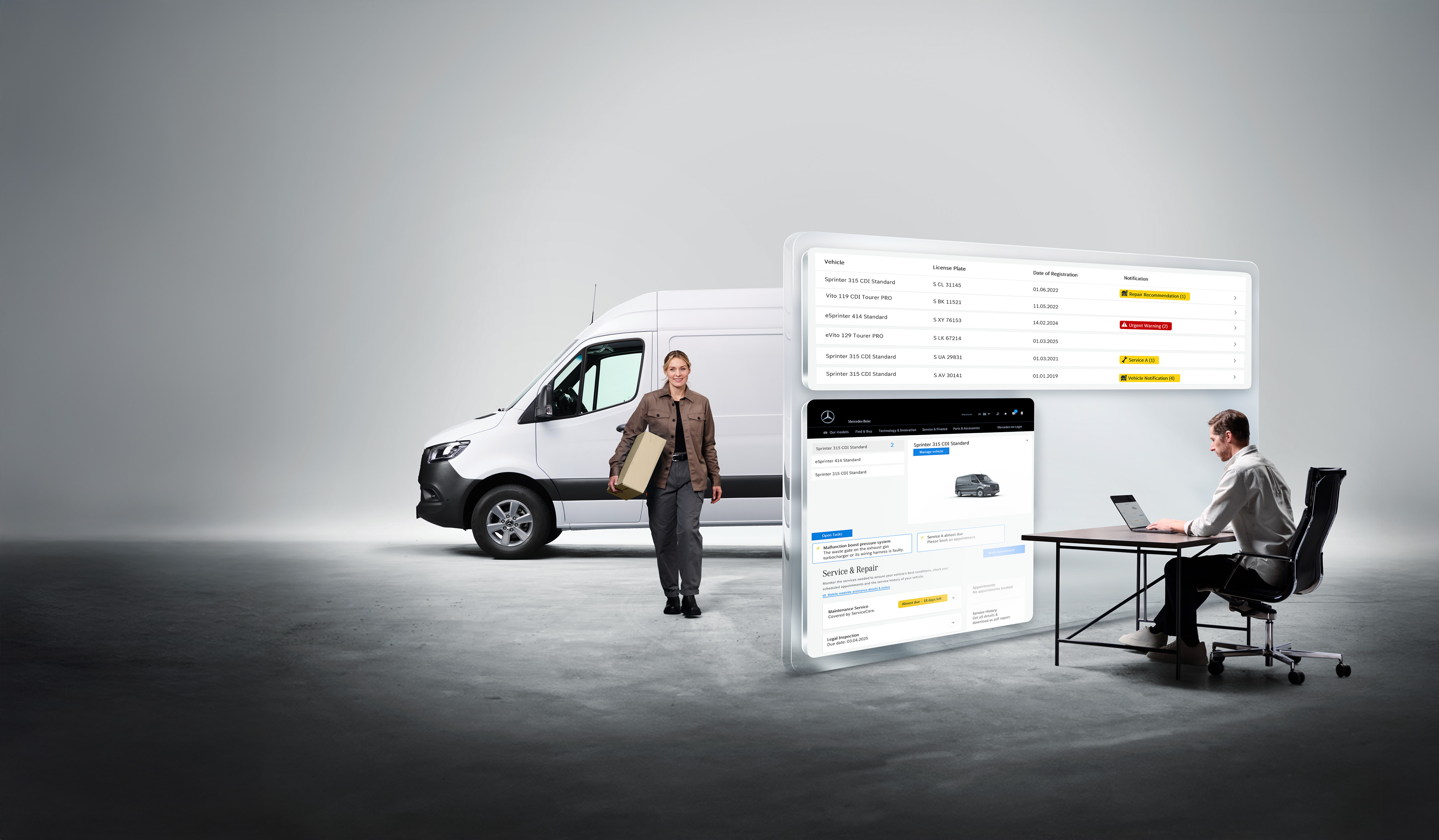 Mercedes-Benz | Technologie dodávkového vozidla | Uptime Monitor Digitální diagnostika Mercedes-Benz: muž na notebooku, žena vedle dodávkového vozidla, zobrazená virtuální diagnostická data.
